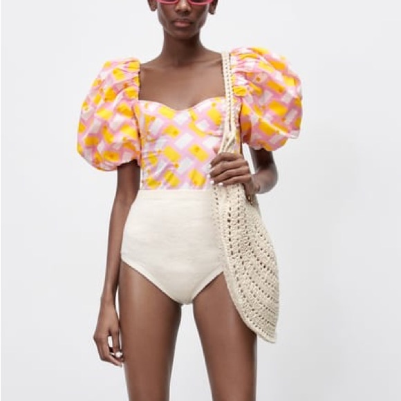 Zara printed poplin bodysuit with puffy sleeves NWT - Picture 4 of 9